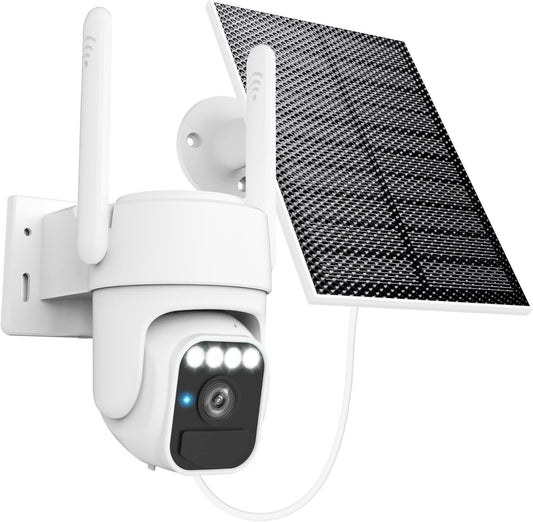Solar Camera Outdoor Wireless, WiFi Security Cameras for Home, 360° View, Two-Way Talk, Auto Tracking, Light Alarm, Color Night Vision