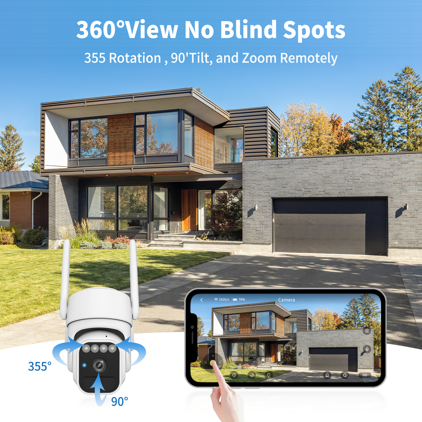 Solar Camera Outdoor Wireless, WiFi Security Cameras for Home, 360° View, Two-Way Talk, Auto Tracking, Light Alarm, Color Night Vision