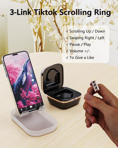 3-Link TikTok Scrolling Ring with Rhinestone, Remote Control for TikTok/YouTube Shorts/Instagram Reels, Bluetooth Page Turner for iPad/Kindle App/iPhone/Android