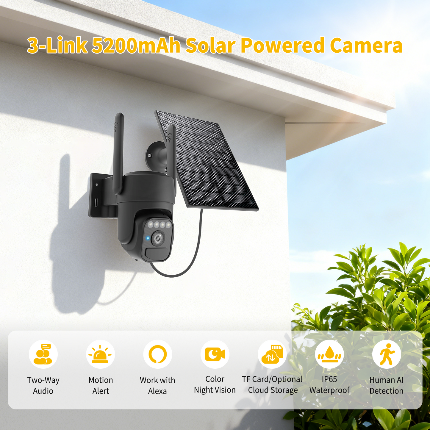 Solar Security Cameras Wireless Outdoor 2 Packs, Color Night Vision, SD/Cloud Storage, 2-Way Talk, 2.4GHz WiFi, IP65 Waterproof, 360° View