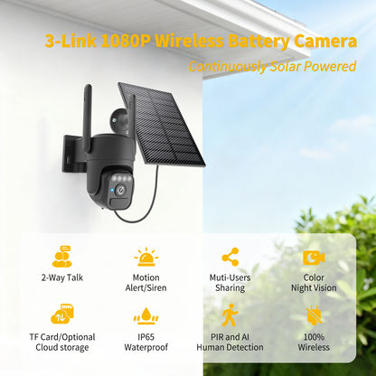 Solar Camera Outdoor Wireless, Wi-Fi Security Cameras for Home, 360° View, Two-Way Talk, Auto Tracking, Light Alarm, Color Night Vision