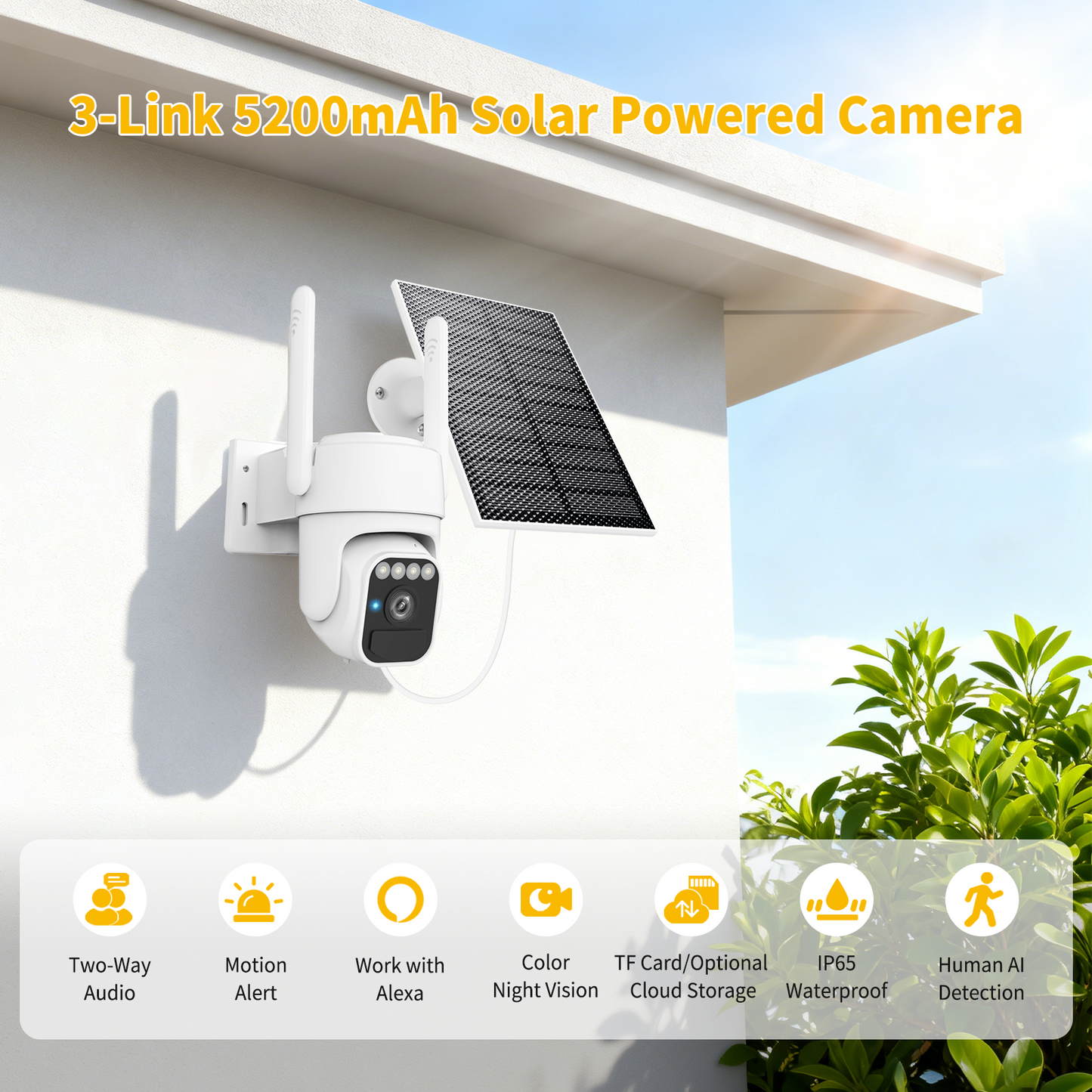 3-Link Solar Camera Outdoor Wireless, 360° Cameras for Home Security, Two-Way Talk, Auto Tracking, Light Alarm, Color Night Vision, IP65, Siren Alarm(2-Pack)