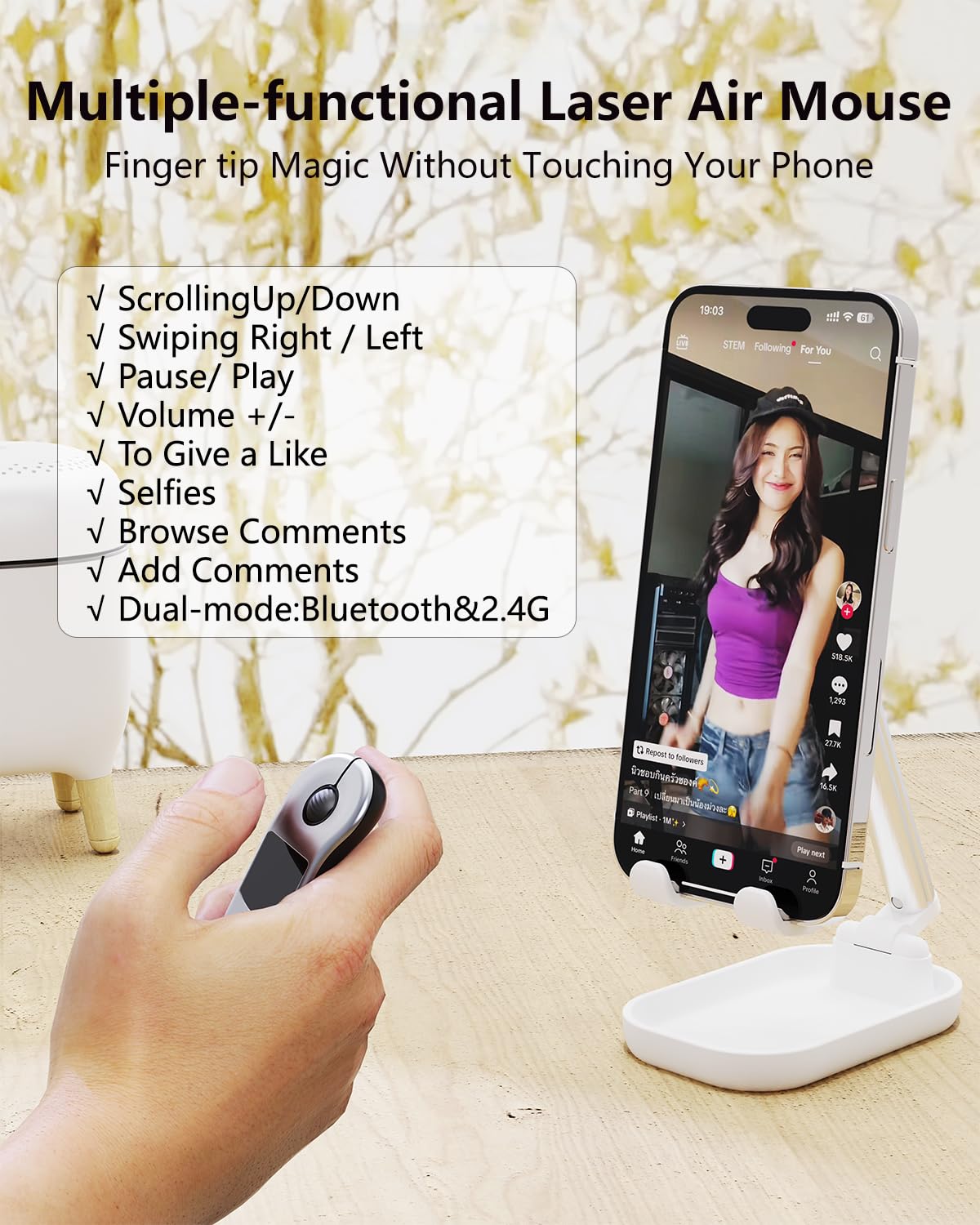 3-Link Air Mouse for PC/iOS/Android with Touchpad, Rechargeable Wireless Presentation Clicker, Bluetooth 2.4G Remote Control for PowerPoint/Keynote/Tiktok/Camera/Kindle Apps (Black)