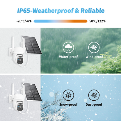 Solar Camera Outdoor Wireless, WiFi Security Cameras for Home, 360° View, Two-Way Talk, Auto Tracking, Light Alarm, Color Night Vision