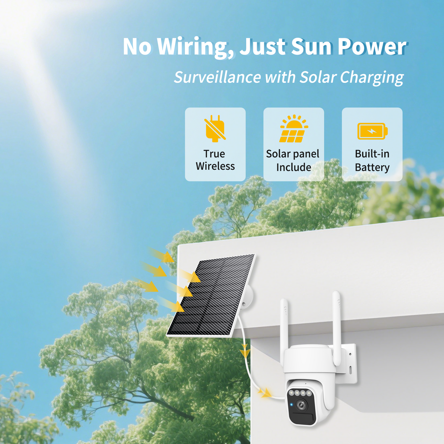 Solar Camera Outdoor Wireless, WiFi Security Cameras for Home, 360° View, Two-Way Talk, Auto Tracking, Light Alarm, Color Night Vision