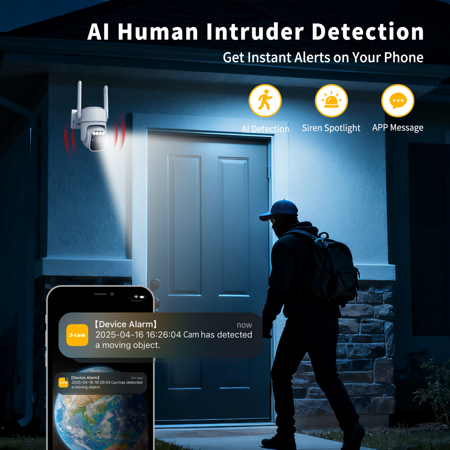 3-Link Solar Camera Outdoor Wireless, 360° Cameras for Home Security, Two-Way Talk, Auto Tracking, Light Alarm, Color Night Vision, IP65, Siren Alarm(2-Pack)