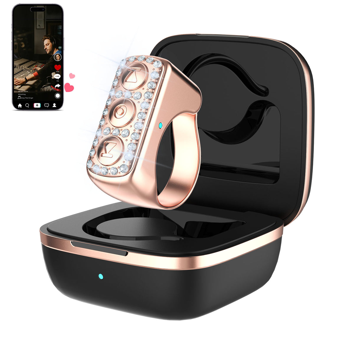 3-Link TikTok Scrolling Ring with Rhinestone, Remote Control for TikTok/YouTube Shorts/Instagram Reels, Bluetooth Page Turner for iPad/Kindle App/iPhone/Android