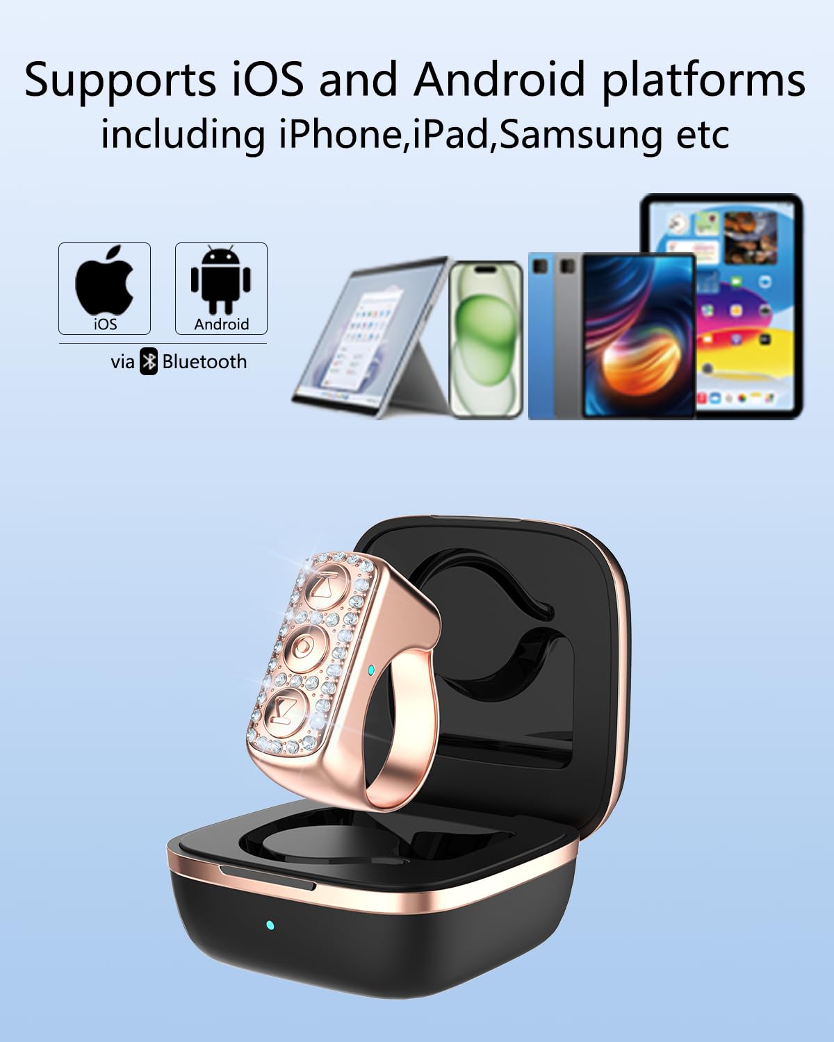 3-Link TikTok Scrolling Ring with Rhinestone, Remote Control for TikTok/YouTube Shorts/Instagram Reels, Bluetooth Page Turner for iPad/Kindle App/iPhone/Android